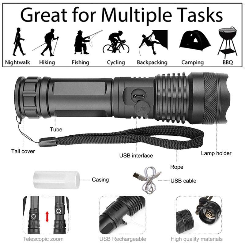 Lampes de poche LED USB puissantes, rechargeables, réglables et zoomables, haute luminosité, tactiques, étanches, super lumineuses, idéales pour le camping, les activités de plein air, la randonnée, la course et le cyclisme.