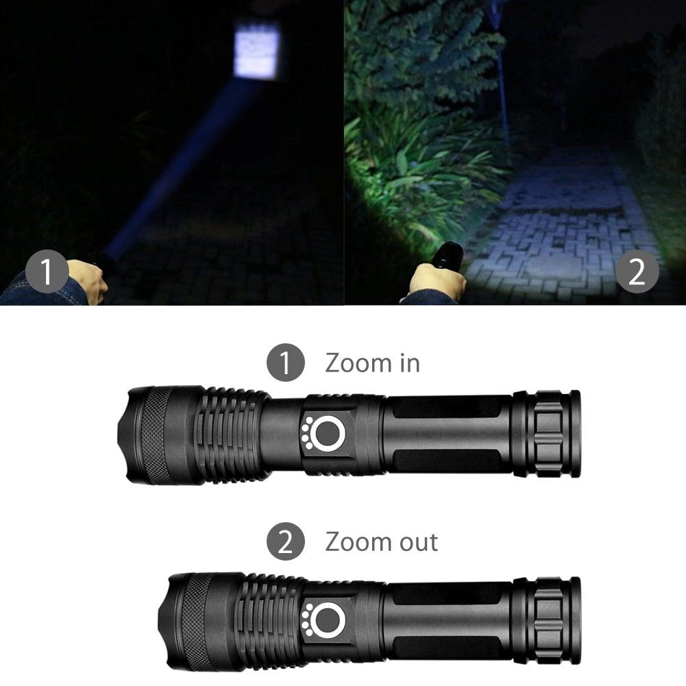 Lampes de poche LED USB puissantes, rechargeables, réglables et zoomables, haute luminosité, tactiques, étanches, super lumineuses, idéales pour le camping, les activités de plein air, la randonnée, la course et le cyclisme.