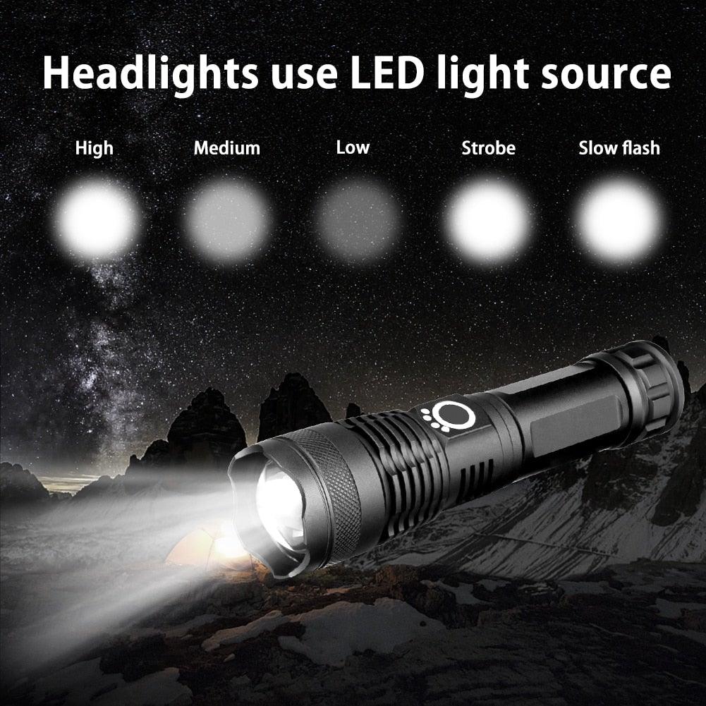 Lampes de poche LED USB puissantes, rechargeables, réglables et zoomables, haute luminosité, tactiques, étanches, super lumineuses, idéales pour le camping, les activités de plein air, la randonnée, la course et le cyclisme.