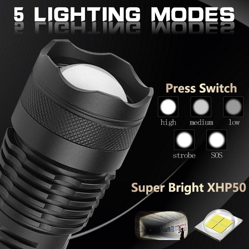 Lampes de poche LED USB puissantes, rechargeables, réglables et zoomables, haute luminosité, tactiques, étanches, super lumineuses, idéales pour le camping, les activités de plein air, la randonnée, la course et le cyclisme.