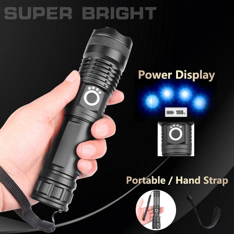 Lampes de poche LED USB puissantes, rechargeables, réglables et zoomables, haute luminosité, tactiques, étanches, super lumineuses, idéales pour le camping, les activités de plein air, la randonnée, la course et le cyclisme.