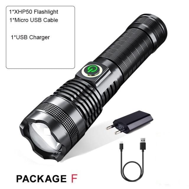 Lampes de poche LED rechargeables étanches et ajustables, puissantes, zoomables, rechargeables par USB, étanches, 5 modes avec affichage de puissance pour le camping, la randonnée, l'extérieur et les urgences