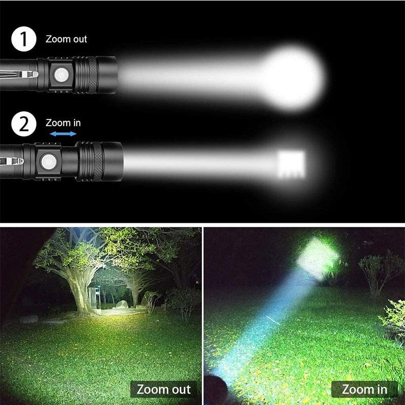 Lampes de poche LED rechargeables étanches et ajustables, puissantes, zoomables, rechargeables par USB, étanches, 5 modes avec affichage de puissance pour le camping, la randonnée, l'extérieur et les urgences