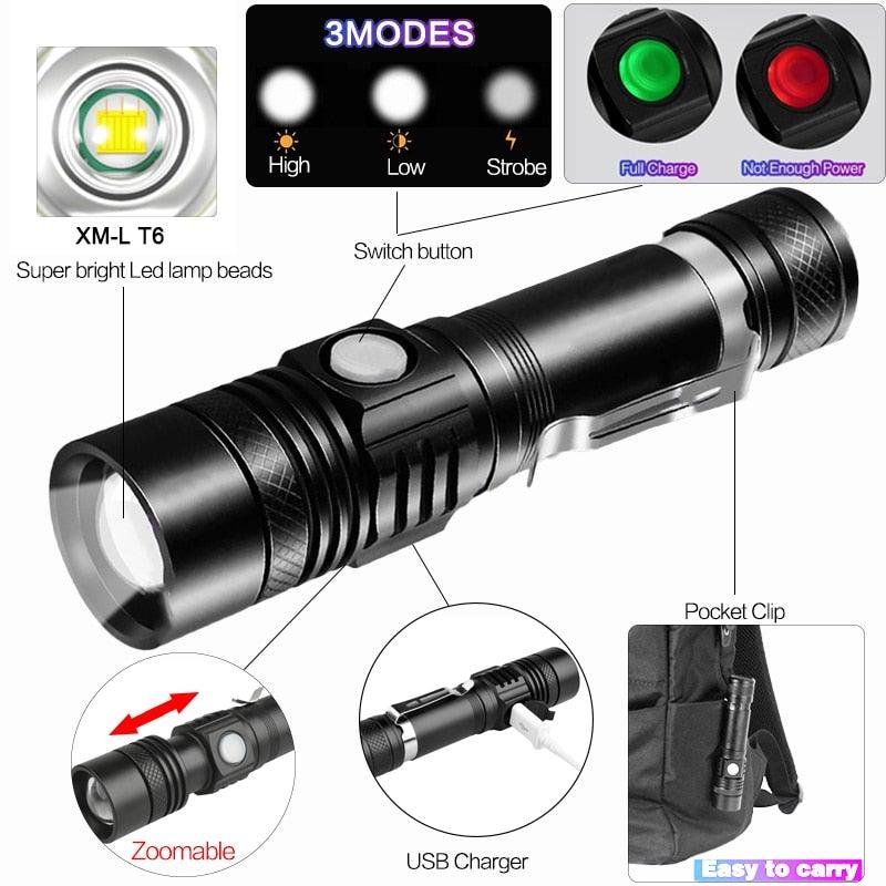 Lampes de poche LED rechargeables étanches et ajustables, puissantes, zoomables, rechargeables par USB, étanches, 5 modes avec affichage de puissance pour le camping, la randonnée, l'extérieur et les urgences