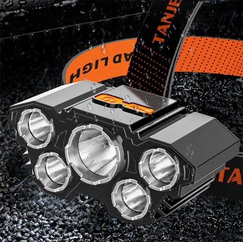 Lampe torche rechargeable USB réglable, batterie intégrée, 5 LED, phare puissant, étanche, lampe frontale super lumineuse pour le camping nocturne en extérieur