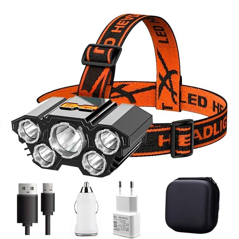 Lampe torche rechargeable USB réglable, batterie intégrée, 5 LED, phare puissant, étanche, lampe frontale super lumineuse pour le camping nocturne en extérieur