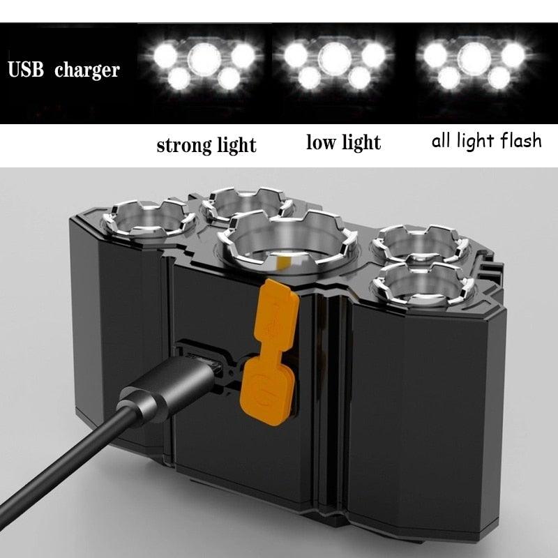 Lampe torche rechargeable USB réglable, batterie intégrée, 5 LED, phare puissant, étanche, lampe frontale super lumineuse pour le camping nocturne en extérieur