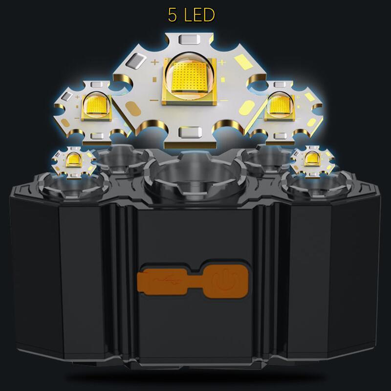 Lampe torche rechargeable USB réglable, batterie intégrée, 5 LED, phare puissant, étanche, lampe frontale super lumineuse pour le camping nocturne en extérieur