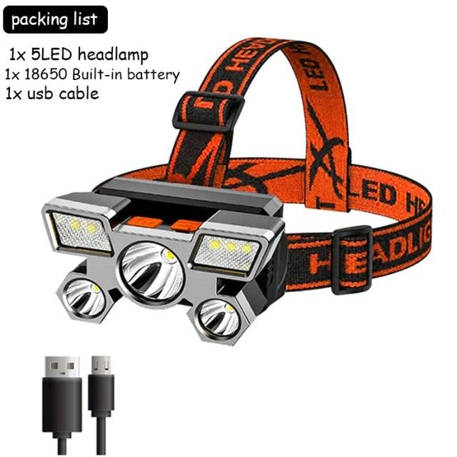 Lampe torche rechargeable USB réglable, batterie intégrée, 5 LED, phare puissant, étanche, lampe frontale super lumineuse pour le camping nocturne en extérieur