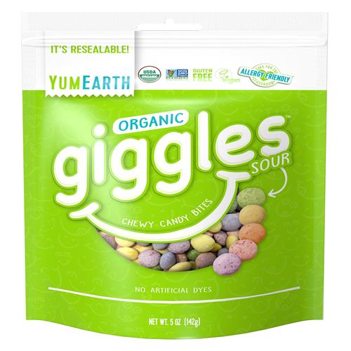 Bonbons tendres acidulés bio Yumearth Sour Giggles - Sans allergènes (9 principaux), sans colorants ni arômes artificiels, sans OGM, sans gluten, bonbons végétaliens - Sachet de 141 g (lot de 1)