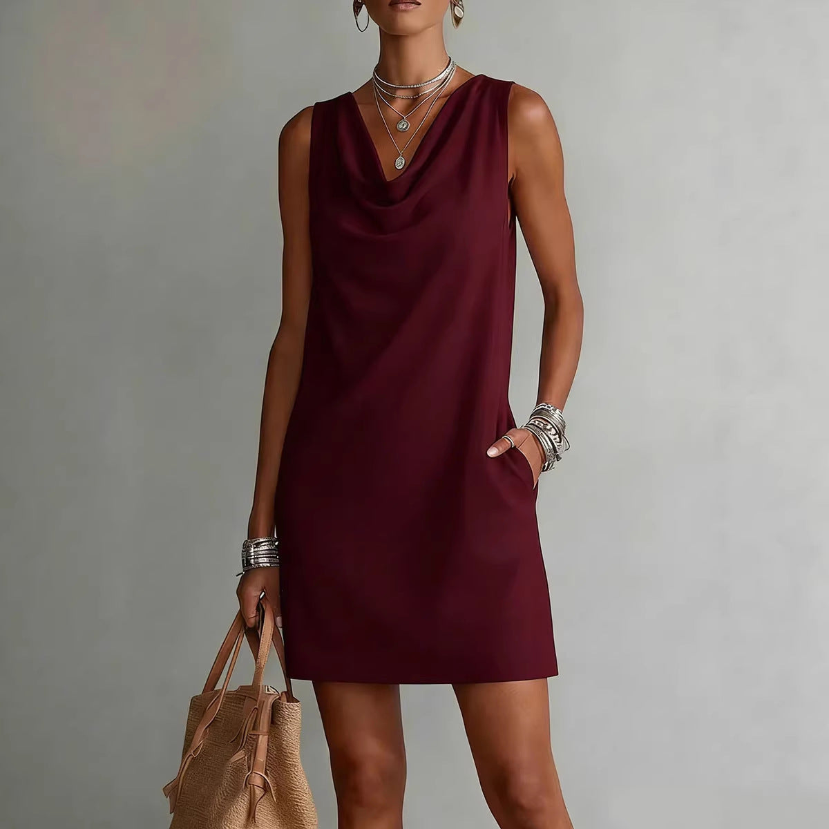 Robe Midi Décontractée sans Manches et Col Bateau pour Femme