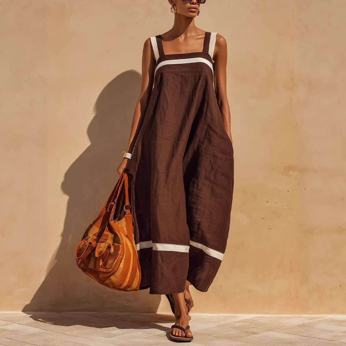 Robe midi décontractée ample en mélange de lin à bretelles contrastantes pour femme