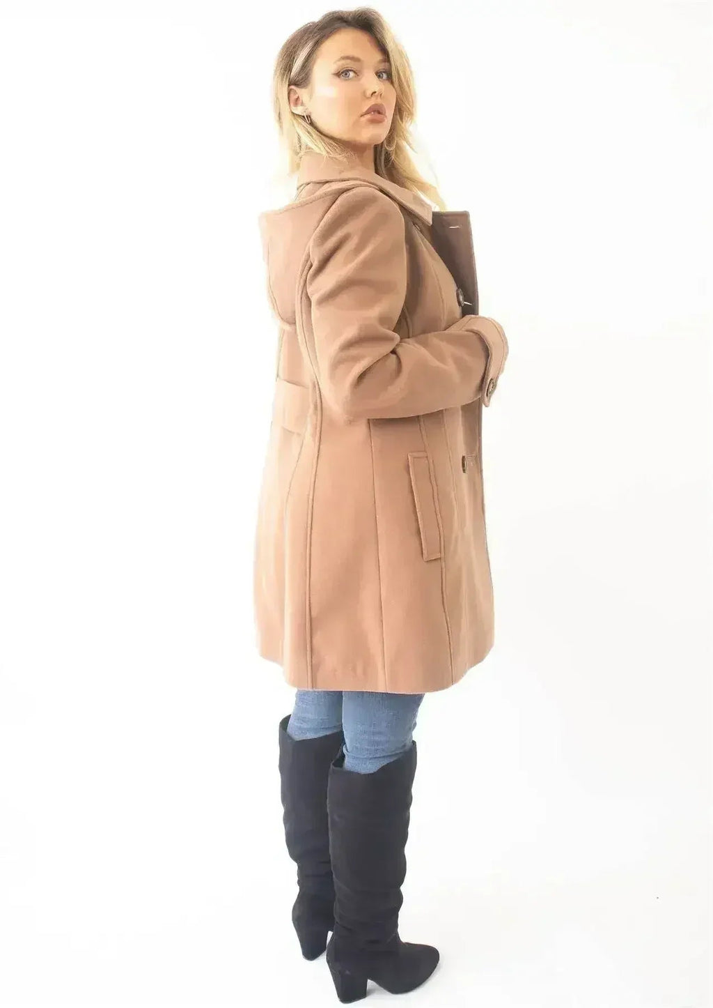 Manteau à capuche croisé double face en laine