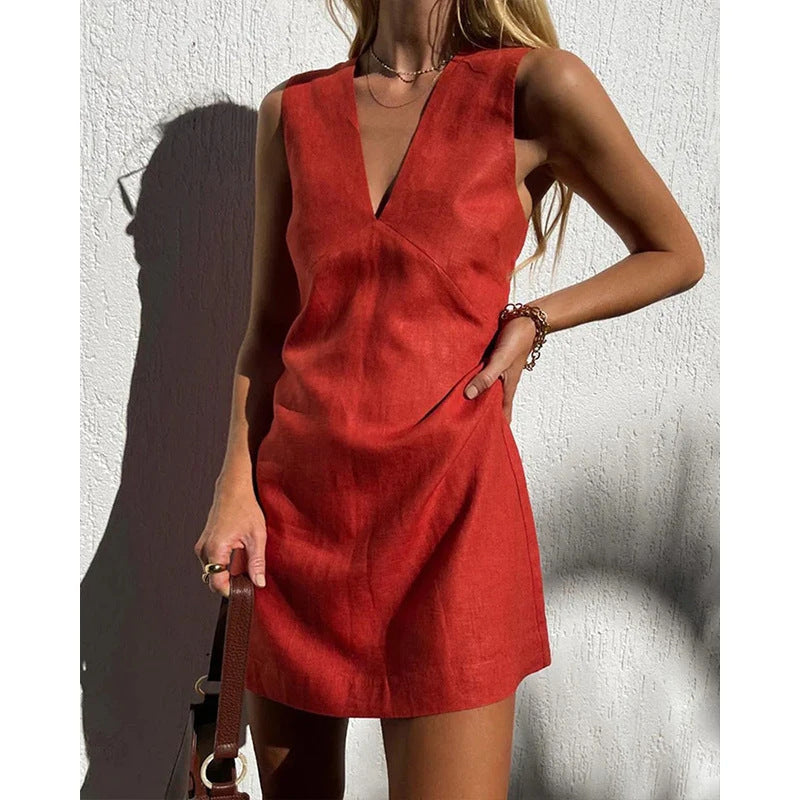 🌿 Robe Courte sans Manches en Coton et Lin à Col en V