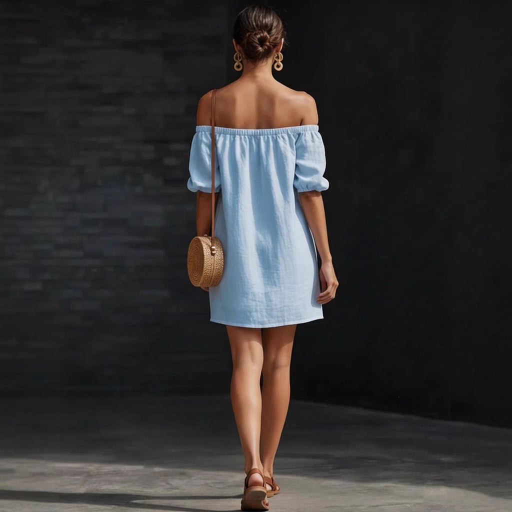 Robe trapèze courte femme en coton et lin à épaules dénudées et manches bouffantes