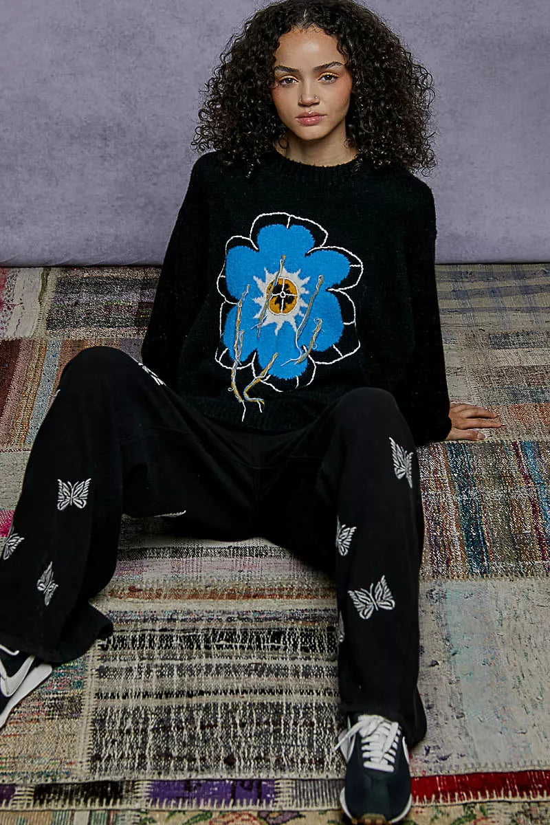 Pull POL à motif floral, col rond, avec surpiqûres apparentes