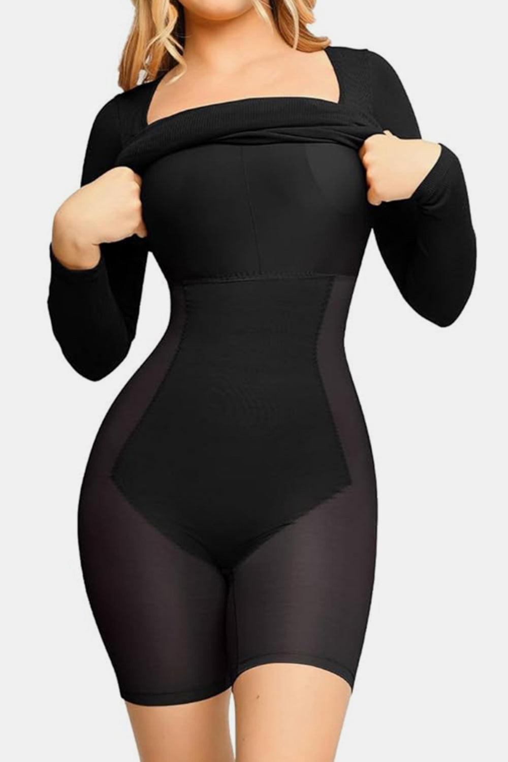 Robe élégante noire à col carré et manches longues avec gaine intégrée pour femme
