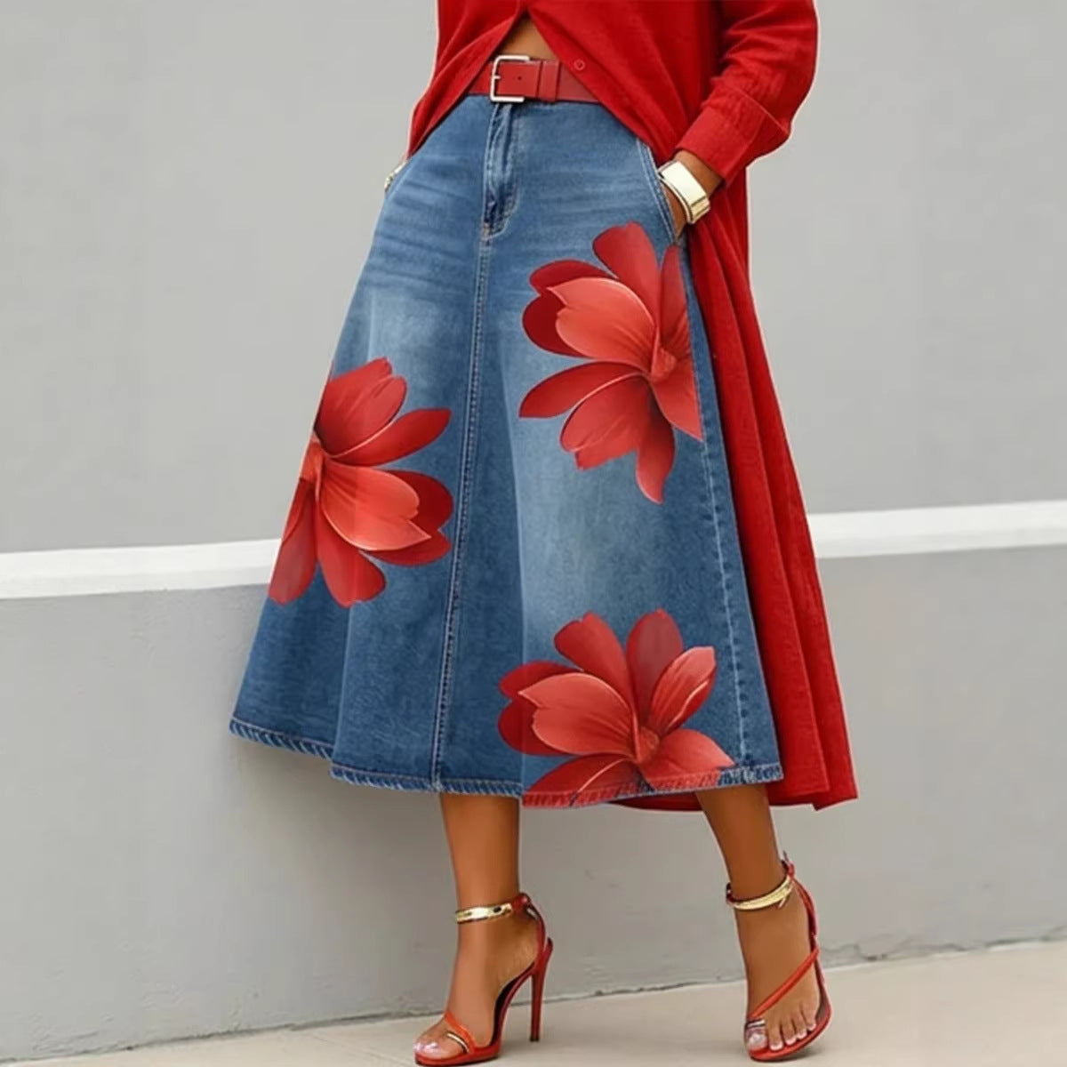 Jupe trapèze mi-longue fleurie pour femme – Jupe bohème style denim
