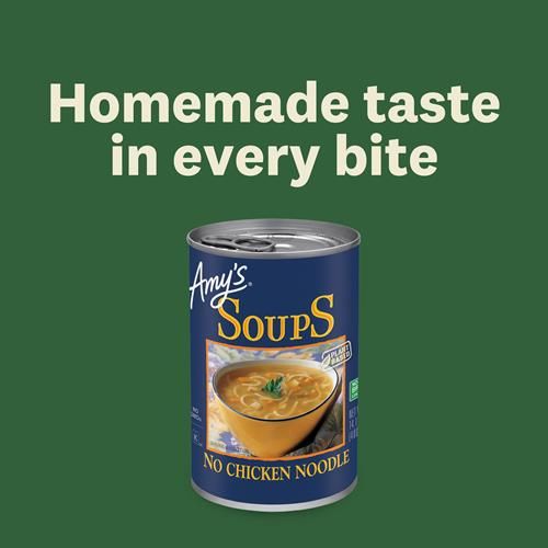 Soupe Amy's, végétalienne, nouilles sans poulet, faite avec des légumes biologiques, 400 grammes