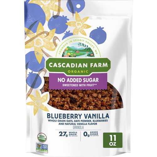 Cascadian Farm Granola biologique sans sucre ajouté, Céréales Myrtille Vanille, Sachet refermable, 312 g.