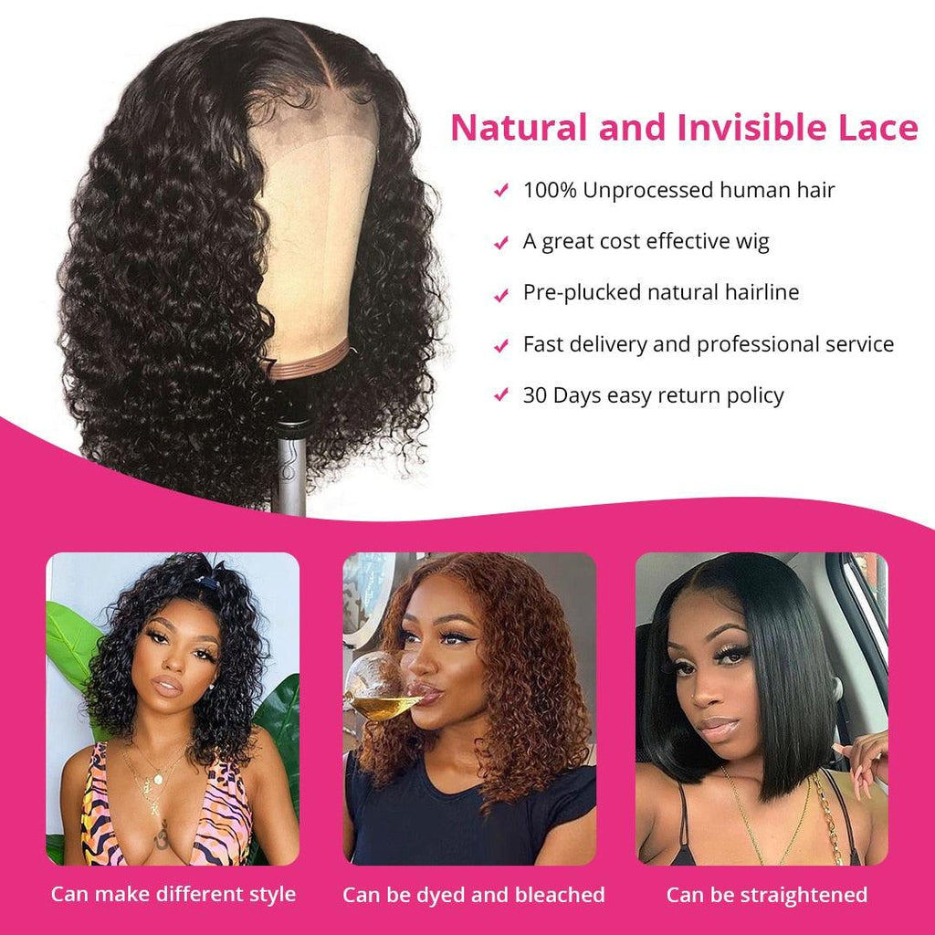Perruque afro bouclée, perruques en cheveux humains, partie en T, dentelle transparente, perruques courtes bouclées, perruques épaisses pour femmes, perruques en cheveux humains, perruques pour femmes noires, cadeaux pour petites amies