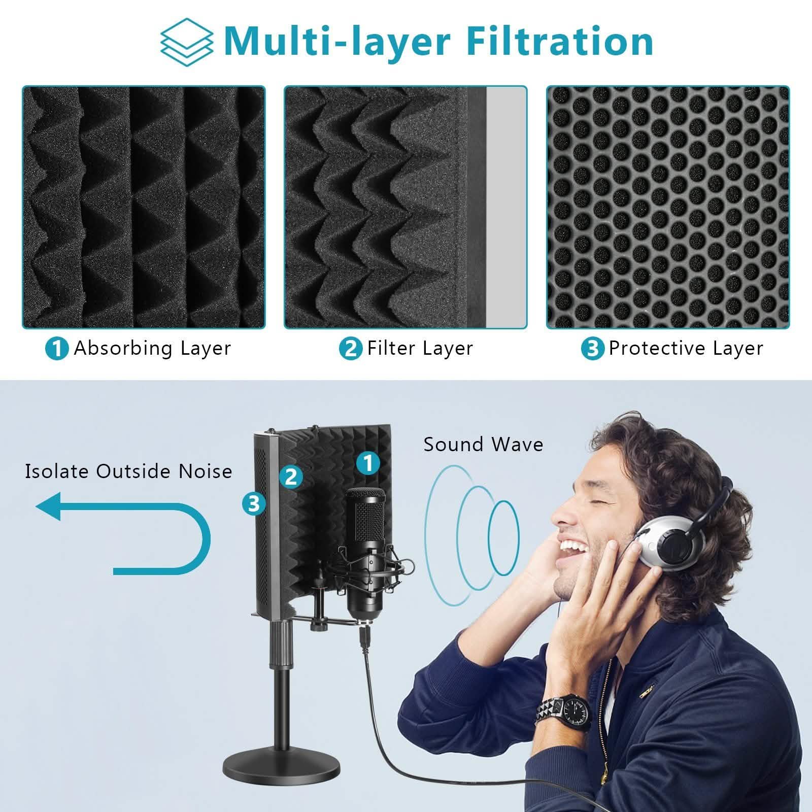 AGPtEK Écran d'isolation pour microphone compact + Support de micro de bureau