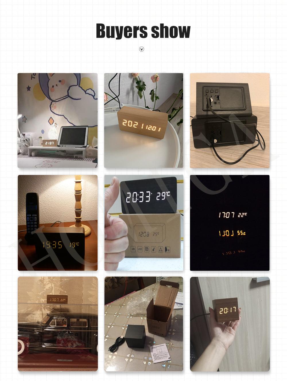 Réveil LED en bois avec affichage numérique de l'heure, 3 réglages d'alarme, détection d'humidité et de température, fabriqué en bois, horloges électriques de table à commande vocale, alimenté par USB/AAA, horloges électroniques de bureau en bois