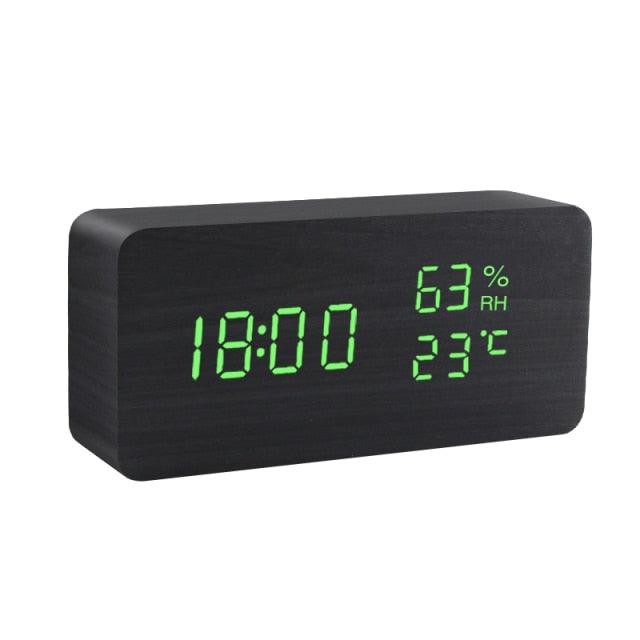 Réveil LED en bois avec affichage numérique de l'heure, 3 réglages d'alarme, détection d'humidité et de température, fabriqué en bois, horloges électriques de table à commande vocale, alimenté par USB/AAA, horloges électroniques de bureau en bois