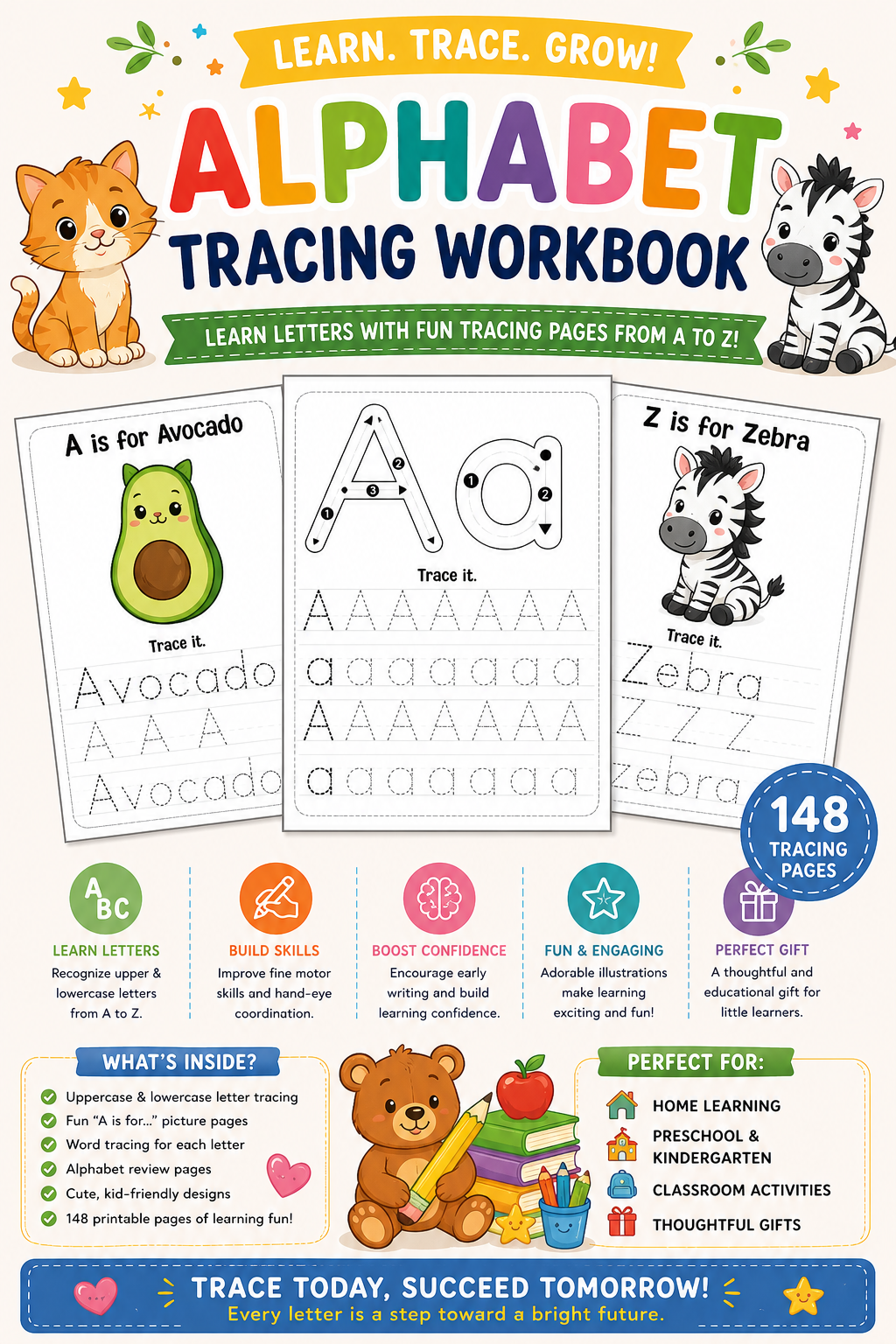 Alphabet Tracing Workbook for Kids – 148 Pages | Instant PDF Download