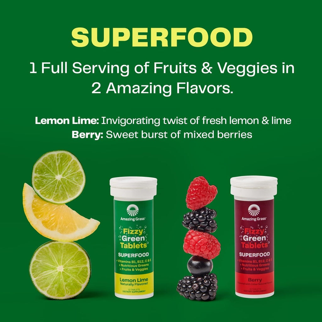 Amazing Grass Fizzy Green Tablets Superfood Lemon Lime: 60 Count (Packaging May Vary)