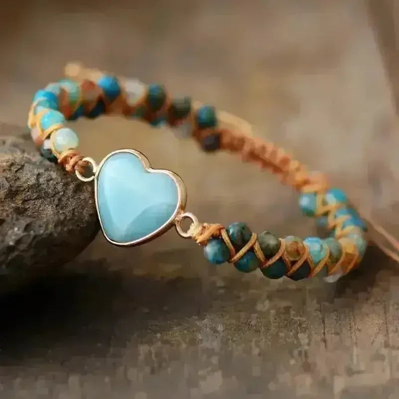 Bracelet Amazonite – Macramé Bleu Ciel | Breloque Cœur Réglable