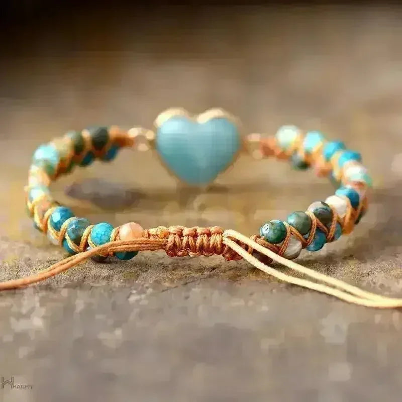 Bracelet Amazonite – Macramé Bleu Ciel | Breloque Cœur Réglable