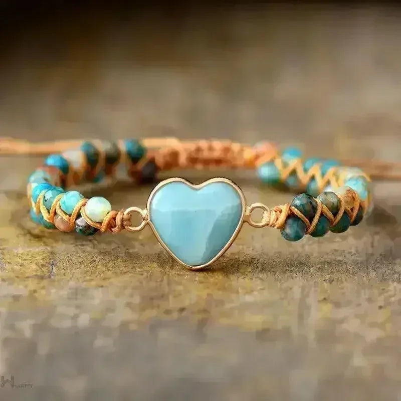 Bracelet Amazonite – Macramé Bleu Ciel | Breloque Cœur Réglable