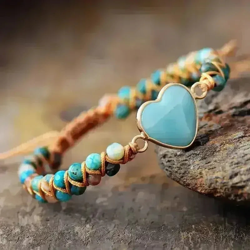 Bracelet Amazonite – Macramé Bleu Ciel | Breloque Cœur Réglable