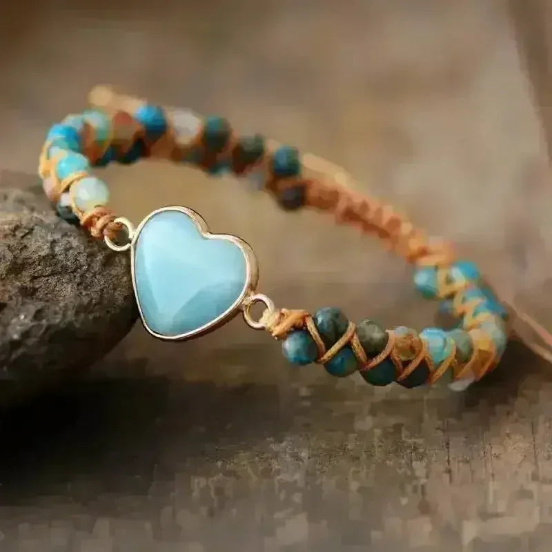 Bracelet Amazonite – Macramé Bleu Ciel | Breloque Cœur Réglable