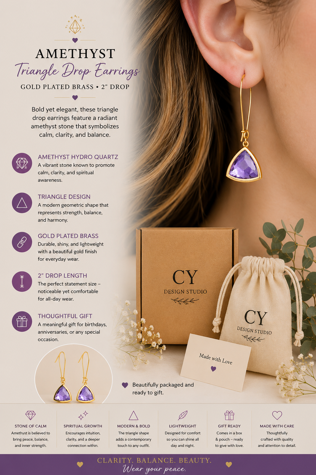 Boucles d'oreilles pendantes triangle en hydro quartz améthyste