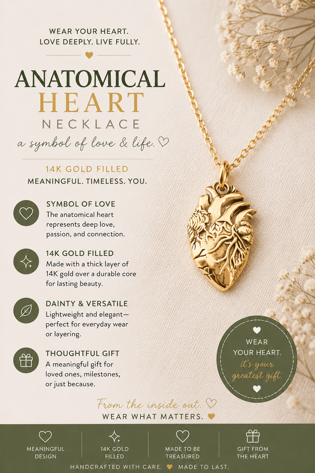 Collier en plaqué or 14 carats avec pendentif cœur anatomique