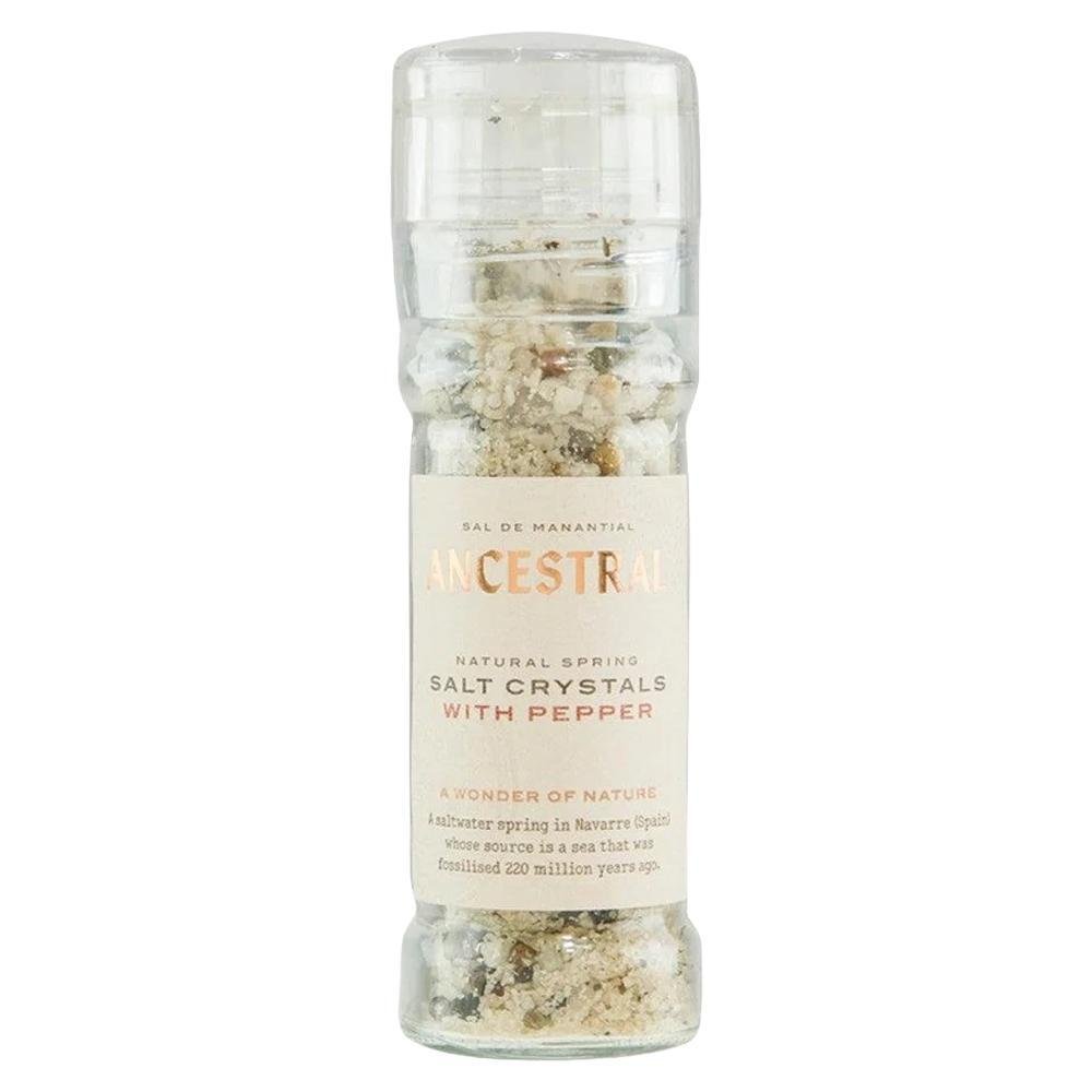 Sel de Source Ancestral - Cristaux de Sel de Source Naturels & Poivre Biologique avec Moulin en Verre (90G)