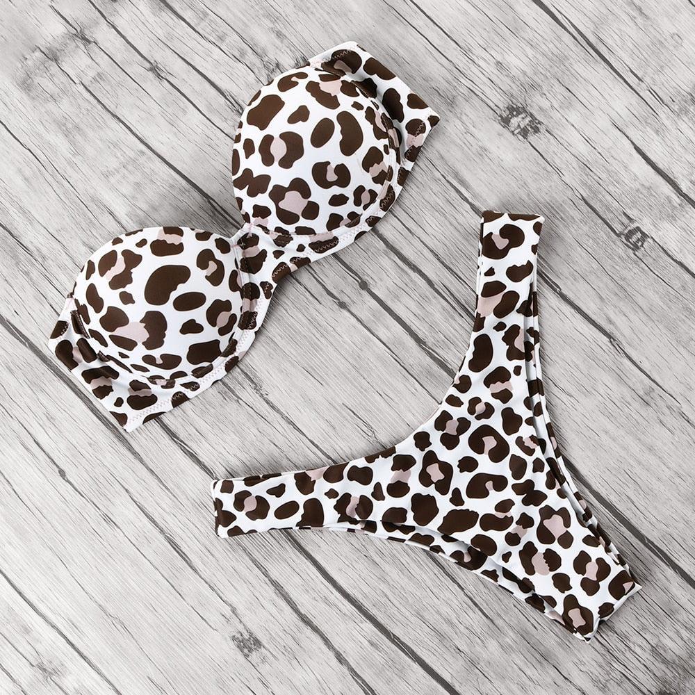 Maillot de bain bikini léopard imprimé animal push-up pour femmes, ensemble bikini, maillot de bain bandeau de plage, maillot de bain pour femmes, ensembles bikini deux pièces décontractés à imprimé léopard, taille haute, triangle