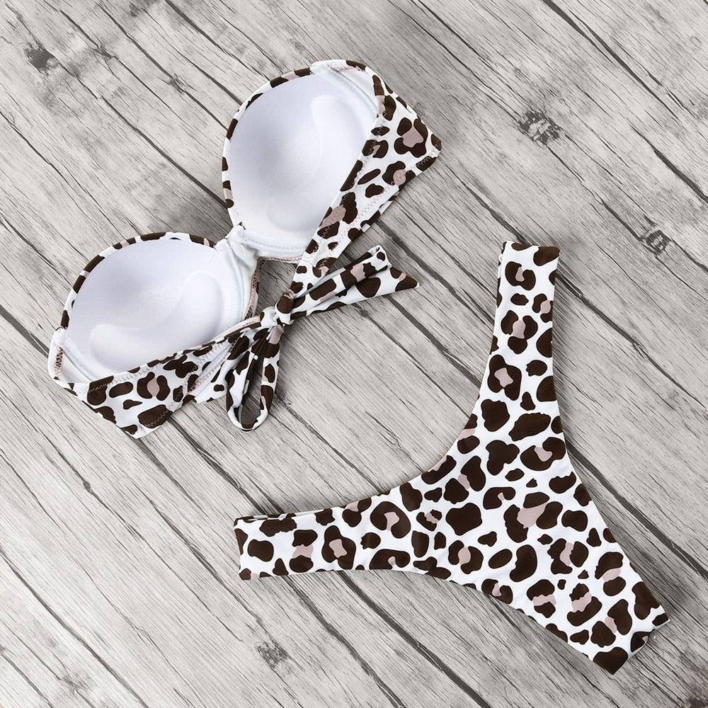 Maillot de bain bikini léopard imprimé animal push-up pour femmes, ensemble bikini, maillot de bain bandeau de plage, maillot de bain pour femmes, ensembles bikini deux pièces décontractés à imprimé léopard, taille haute, triangle