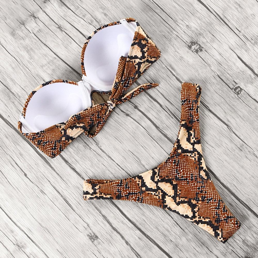Maillot de bain bikini léopard imprimé animal push-up pour femmes, ensemble bikini, maillot de bain bandeau de plage, maillot de bain pour femmes, ensembles bikini deux pièces décontractés à imprimé léopard, taille haute, triangle