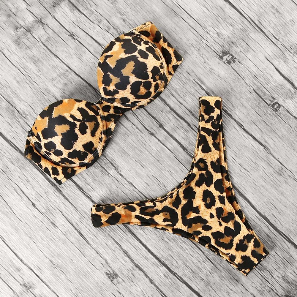 Maillot de bain bikini léopard imprimé animal push-up pour femmes, ensemble bikini, maillot de bain bandeau de plage, maillot de bain pour femmes, ensembles bikini deux pièces décontractés à imprimé léopard, taille haute, triangle