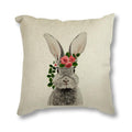 Housse de coussin décorative en lin de coton motif lapin, cerf et couronne de fleurs, lapin gris isolé sur fond blanc, avec impression au dos de la queue de lapin, housse de coussin nordique, décoration pour canapé et voiture, 45x45CM