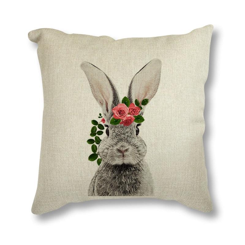 Housse de coussin décorative en lin de coton motif lapin, cerf et couronne de fleurs, lapin gris isolé sur fond blanc, avec impression au dos de la queue de lapin, housse de coussin nordique, décoration pour canapé et voiture, 45x45CM