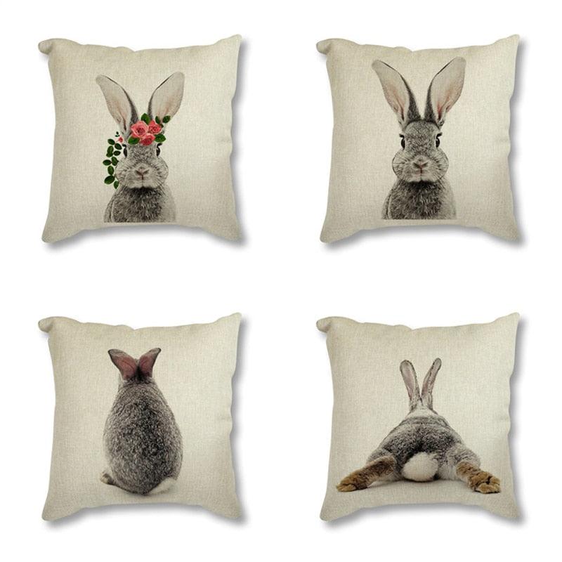 Housse de coussin décorative en lin de coton motif lapin, cerf et couronne de fleurs, lapin gris isolé sur fond blanc, avec impression au dos de la queue de lapin, housse de coussin nordique, décoration pour canapé et voiture, 45x45CM