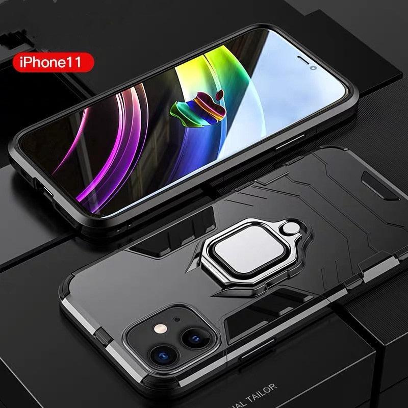 Coque antichoc pour iPhone 11 12 13 14 Pro XR Xs Max X 8 7 6 Plus 5S, étui armure magnétique pour iPhone, coque arrière pare-chocs avec support de bague et béquille intégrée, protection à 360 degrés
