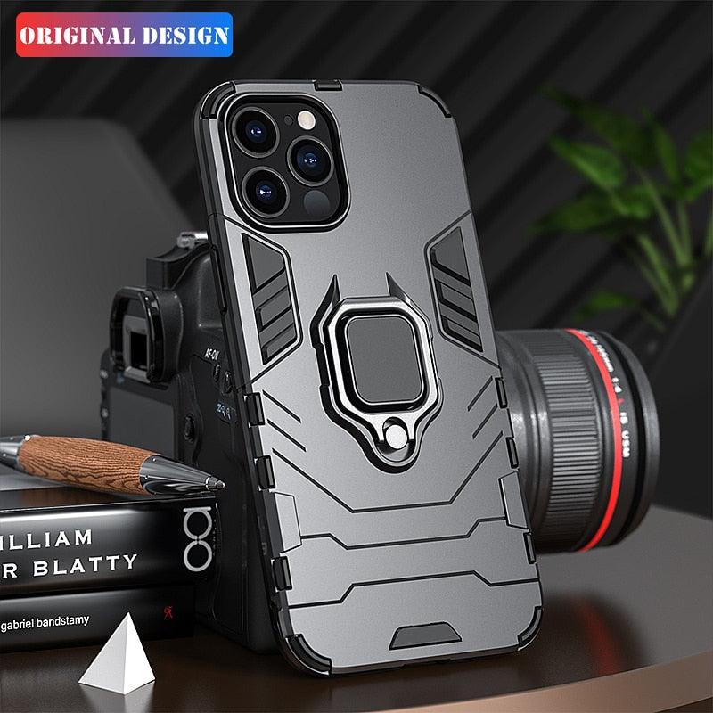 Coque antichoc pour iPhone 11 12 13 14 Pro XR Xs Max X 8 7 6 Plus 5S, étui armure magnétique pour iPhone, coque arrière pare-chocs avec support de bague et béquille intégrée, protection à 360 degrés