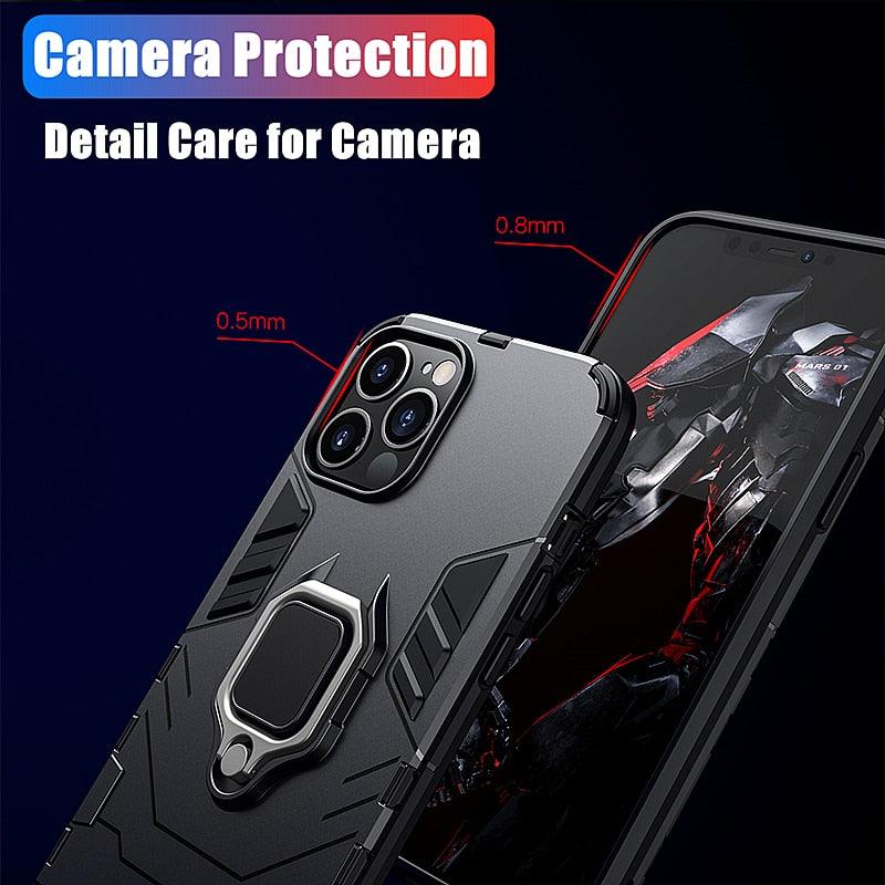 Coque antichoc pour iPhone 11 12 13 14 Pro XR Xs Max X 8 7 6 Plus 5S, étui armure magnétique pour iPhone, coque arrière pare-chocs avec support de bague et béquille intégrée, protection à 360 degrés