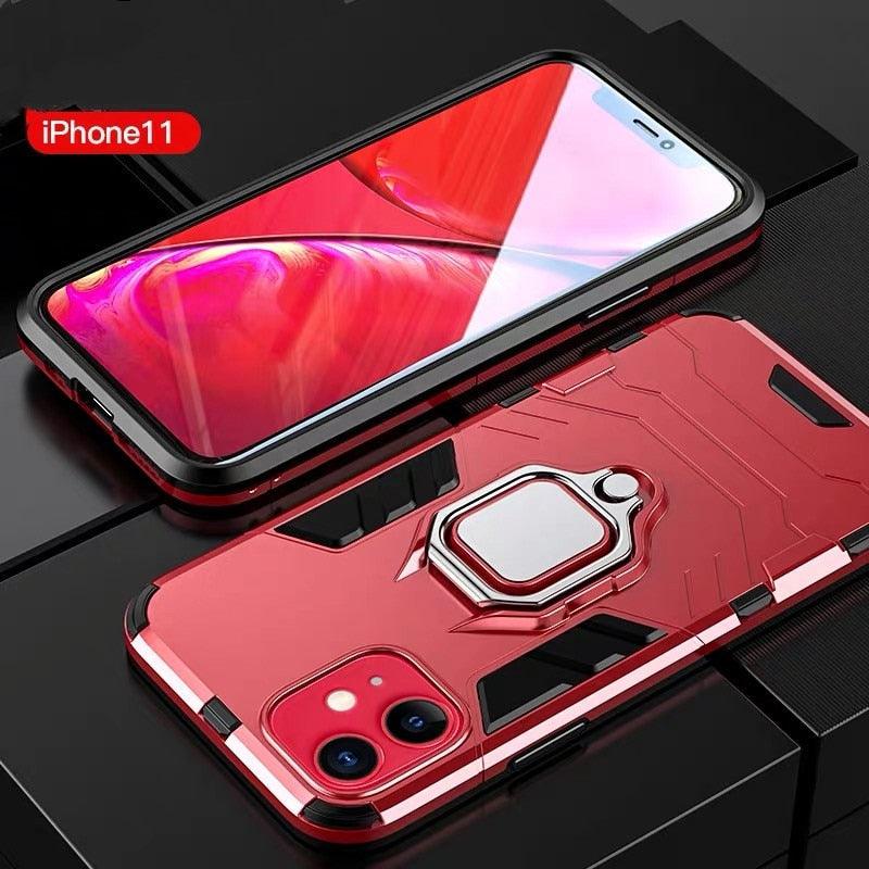 Coque antichoc pour iPhone 11 12 13 14 Pro XR Xs Max X 8 7 6 Plus 5S, étui armure magnétique pour iPhone, coque arrière pare-chocs avec support de bague et béquille intégrée, protection à 360 degrés
