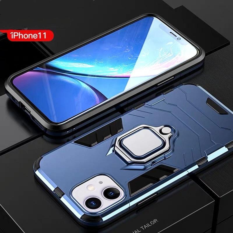 Coque antichoc pour iPhone 11 12 13 14 Pro XR Xs Max X 8 7 6 Plus 5S, étui armure magnétique pour iPhone, coque arrière pare-chocs avec support de bague et béquille intégrée, protection à 360 degrés